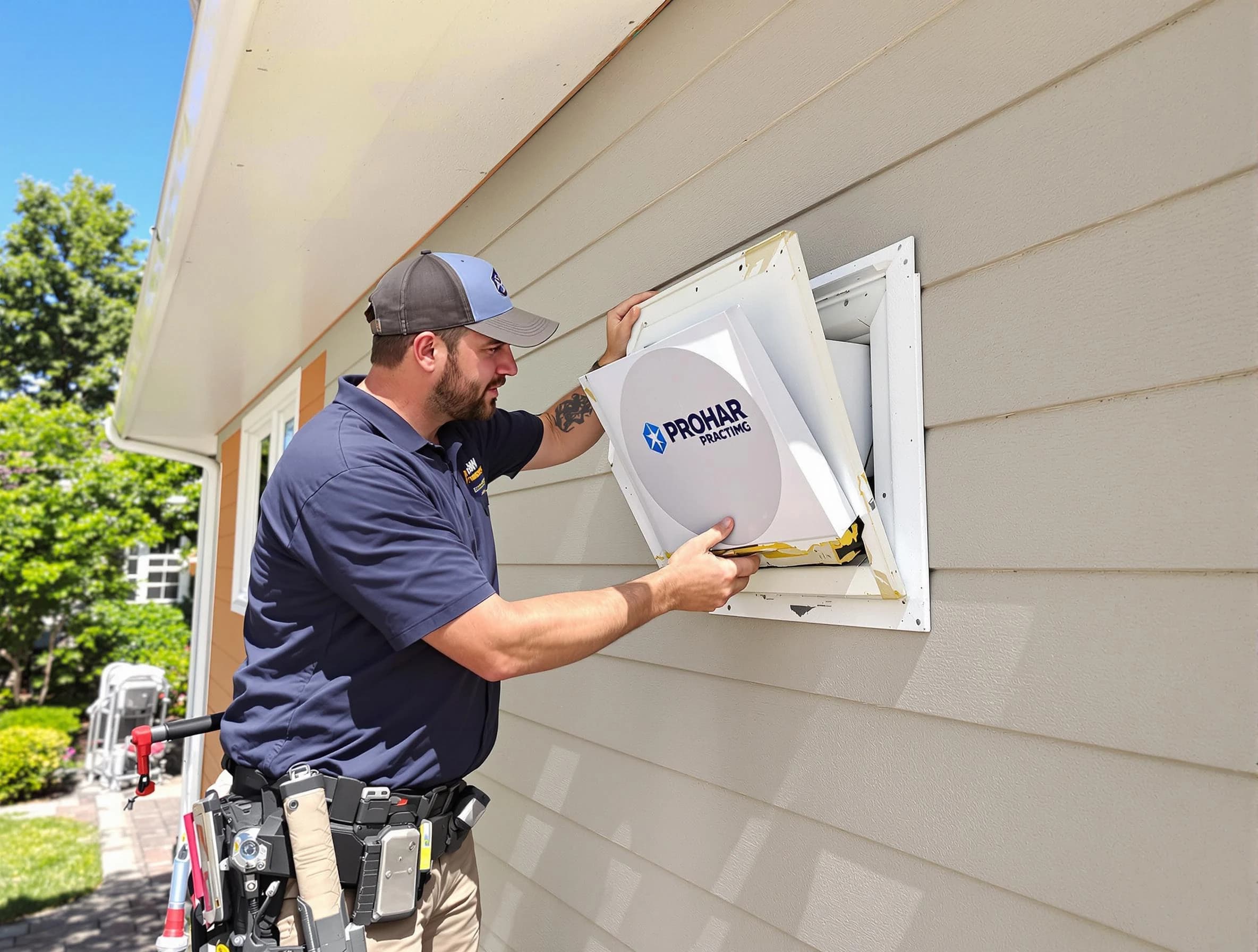 Suwanee Dryer Vent Cleaning technician installing a new protective dryer vent cover on a home in Suwanee