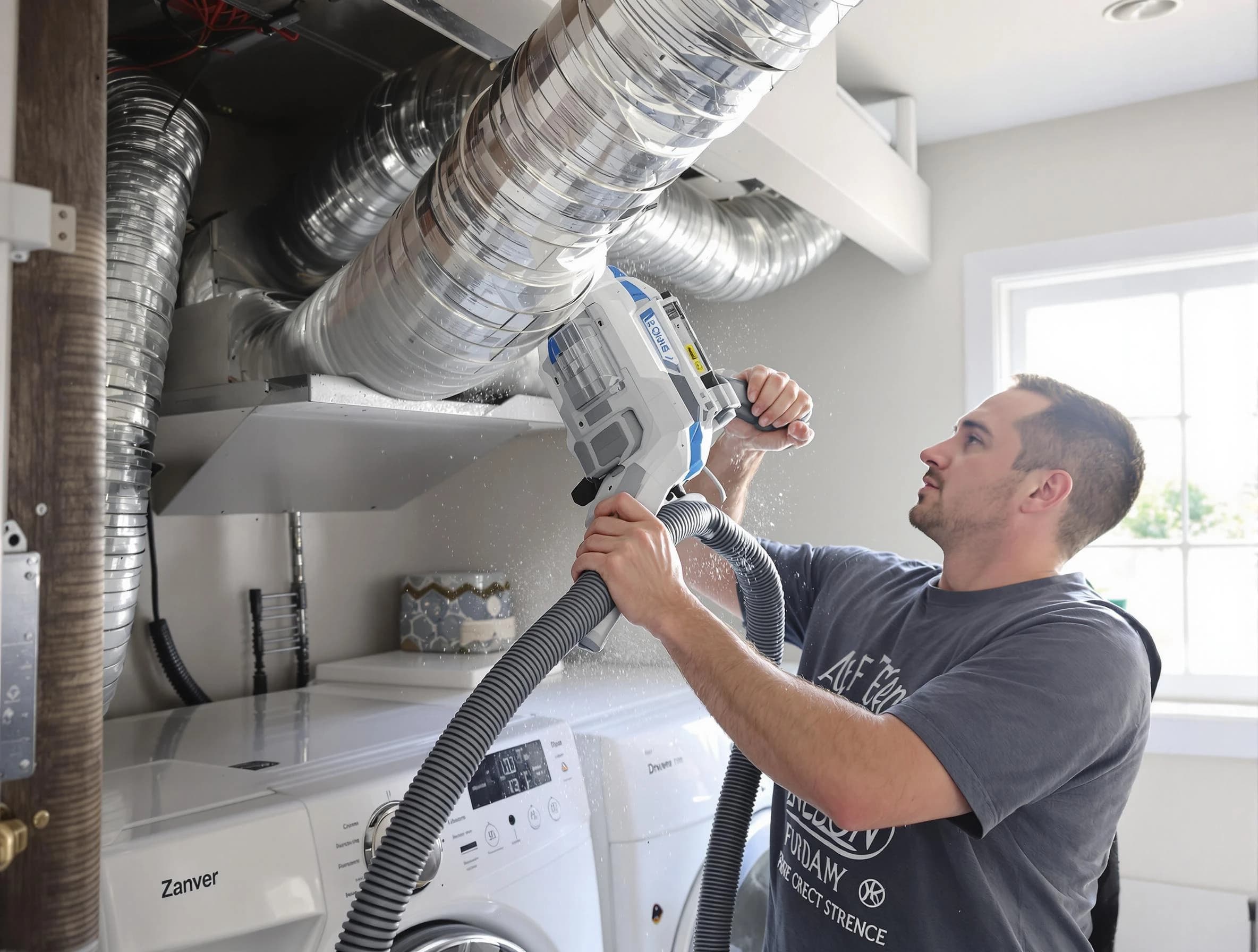 Suwanee Dryer Vent Cleaning specialist cleaning deep within a dryer vent duct system in Suwanee