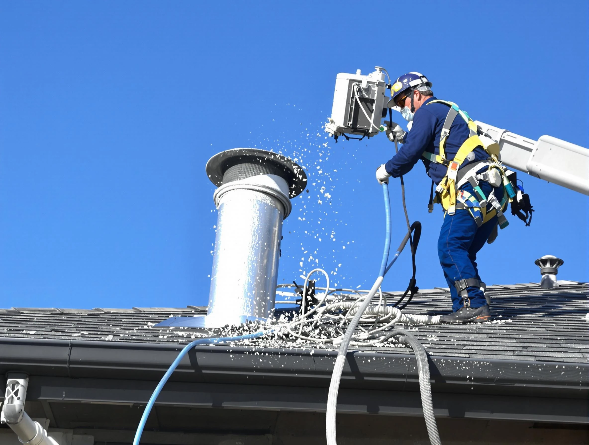 Suwanee Dryer Vent Cleaning certified technician safely cleaning a roof-mounted dryer vent in Suwanee
