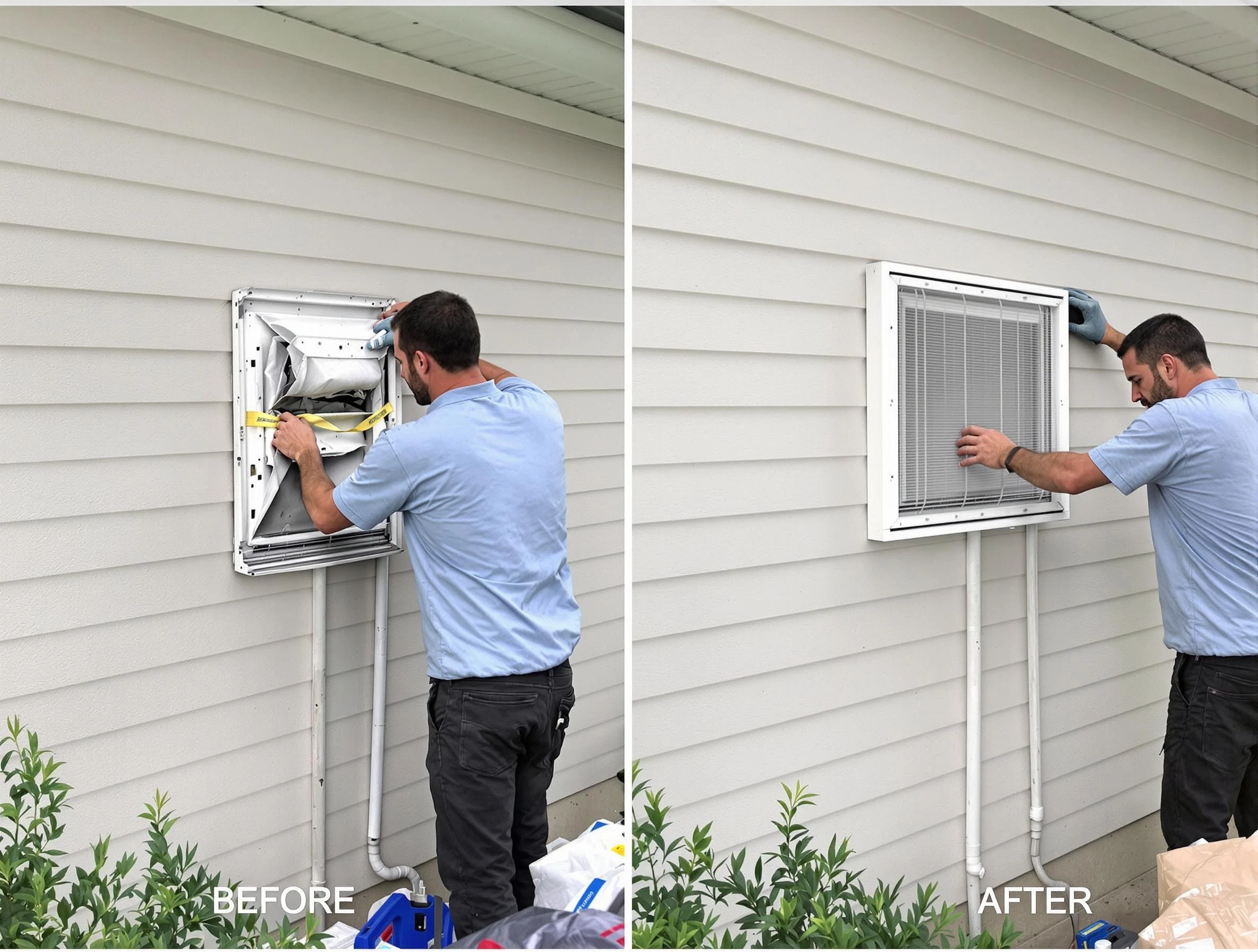 Suwanee Dryer Vent Cleaning technician installing high-quality dryer vent cover at a residential property in Suwanee